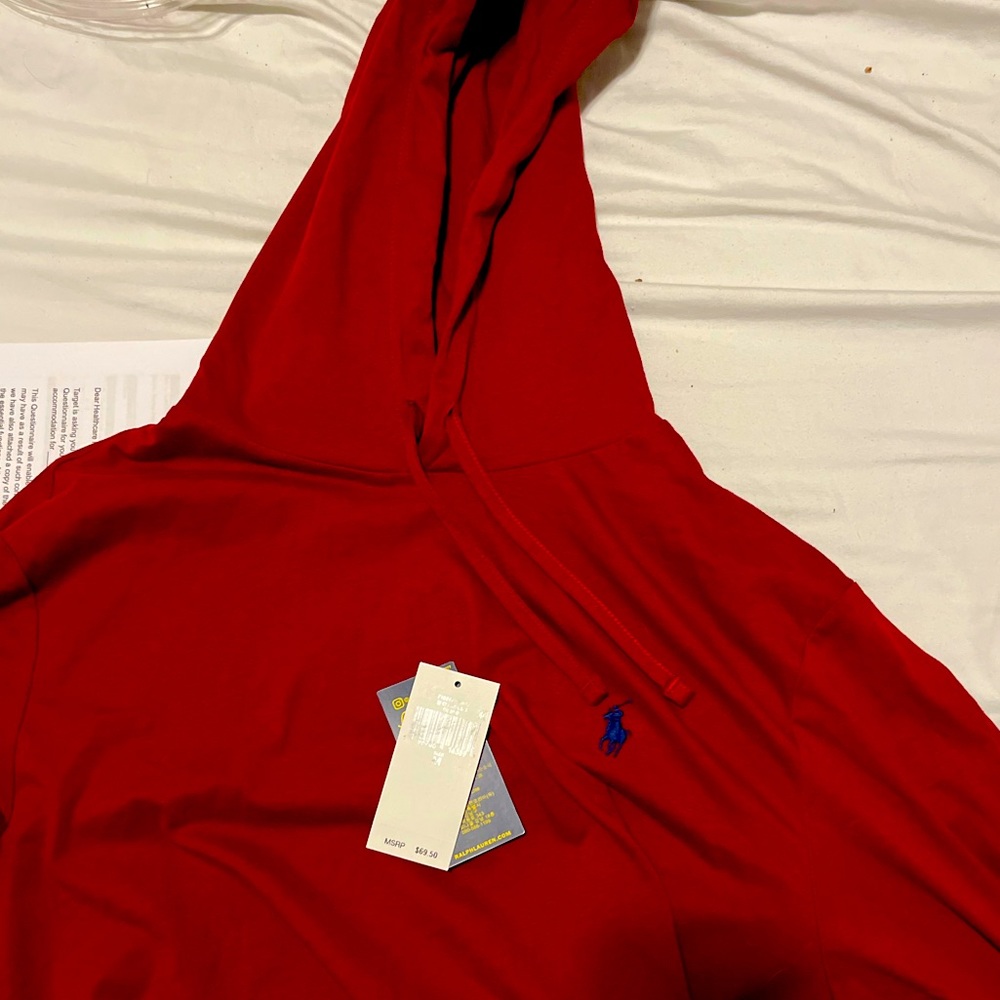 Ralph Lauren hoodie, it is red and the size is medium. It is lighter hoodie